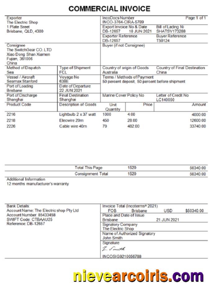 Australia Commercial Invoice company invoice